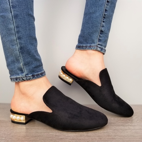 Shoes - Suede Slip On Loafer Mule Pearl Accents on Heel -B
